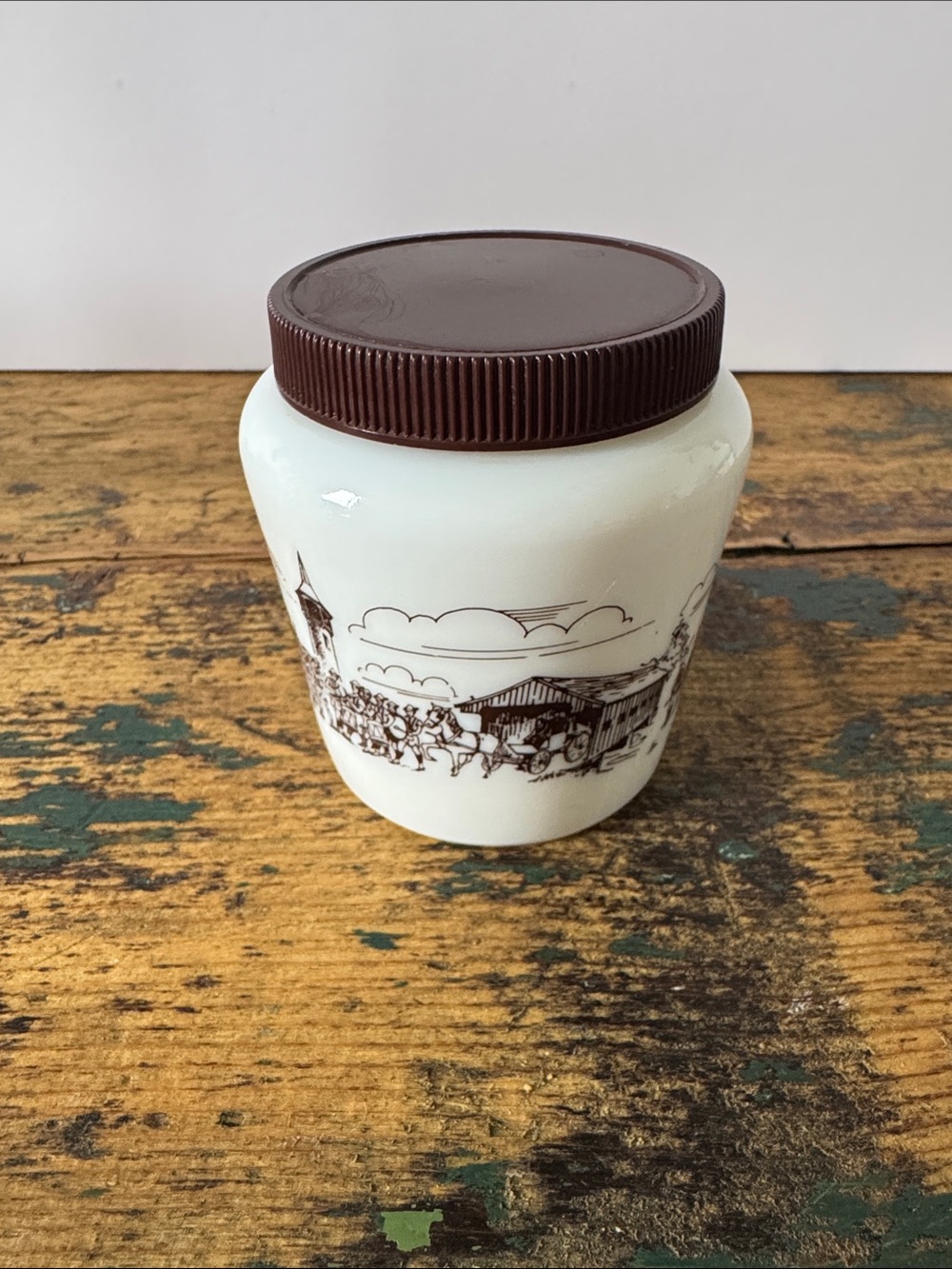 Vintage Milk Glass Jar with Brown Lid and Country Scene
